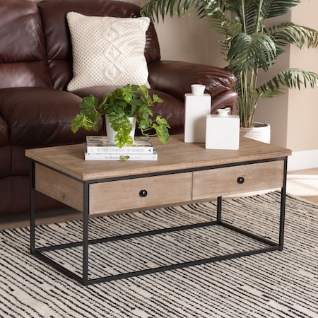 Baxton Studio Roderick Modern and Contemporary Weathered Oak Finished Wood and Black Metal 2Drawer Coffee Table 213-12490-ZORO